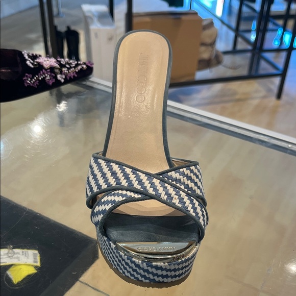 Jimmy Choo Navy and White Woven Wedges Size 39 - Picture 2 of 7